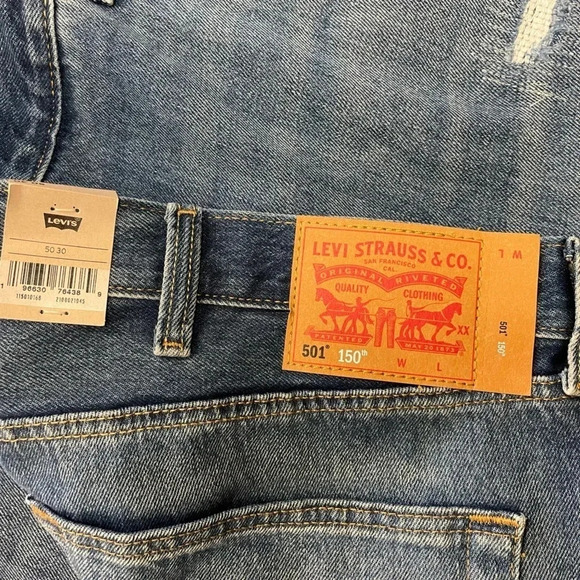 Levi’s 501 150th Anniversary Distressed Button Fly Straight Leg Jeans Size 50 - Picture 6 of 9